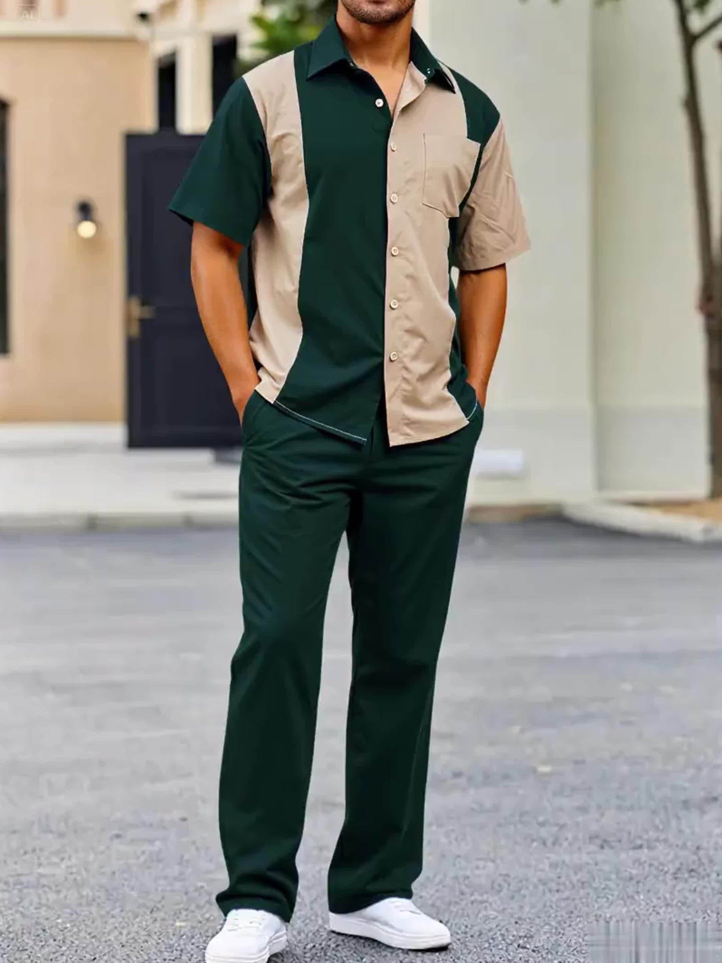 Men'S Casual Two-Piece Spring/Summer Color Block Short Sleeve Shirt and Pants Set - Polyester, Regular Fit, Button-Up with Pocket, No Belt, All-Season Wear, Casual Attire|Casual Style|Polyester Fabric