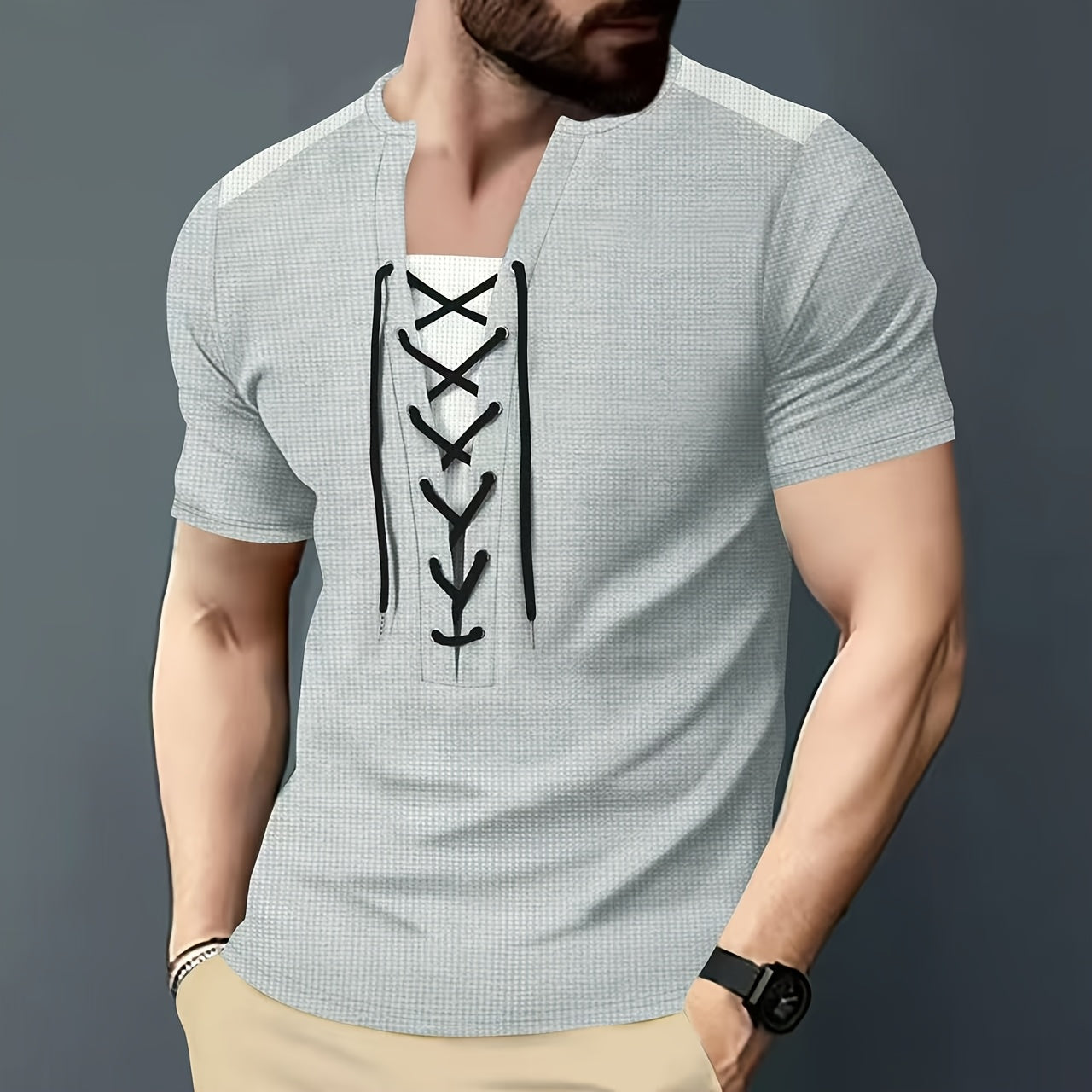 Men'S Casual Waffle Knit Short Sleeve T-Shirt with Drawstring Detail - Maroon & Black, Round Neck, Breathable Polyester Fabric for Summer Outings, Casual Weekend Wear | Round Neck Tee | Stylish Contrast Stitchin