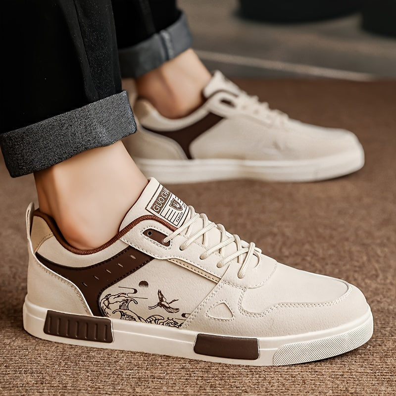 Men's Spring Collection Black and Beige Casual Sneakers - Anti-Slip, Odor-Resistant, Thick Rubber Sole for Height Boost, Lace-Up Sports Shoes with Fish Design