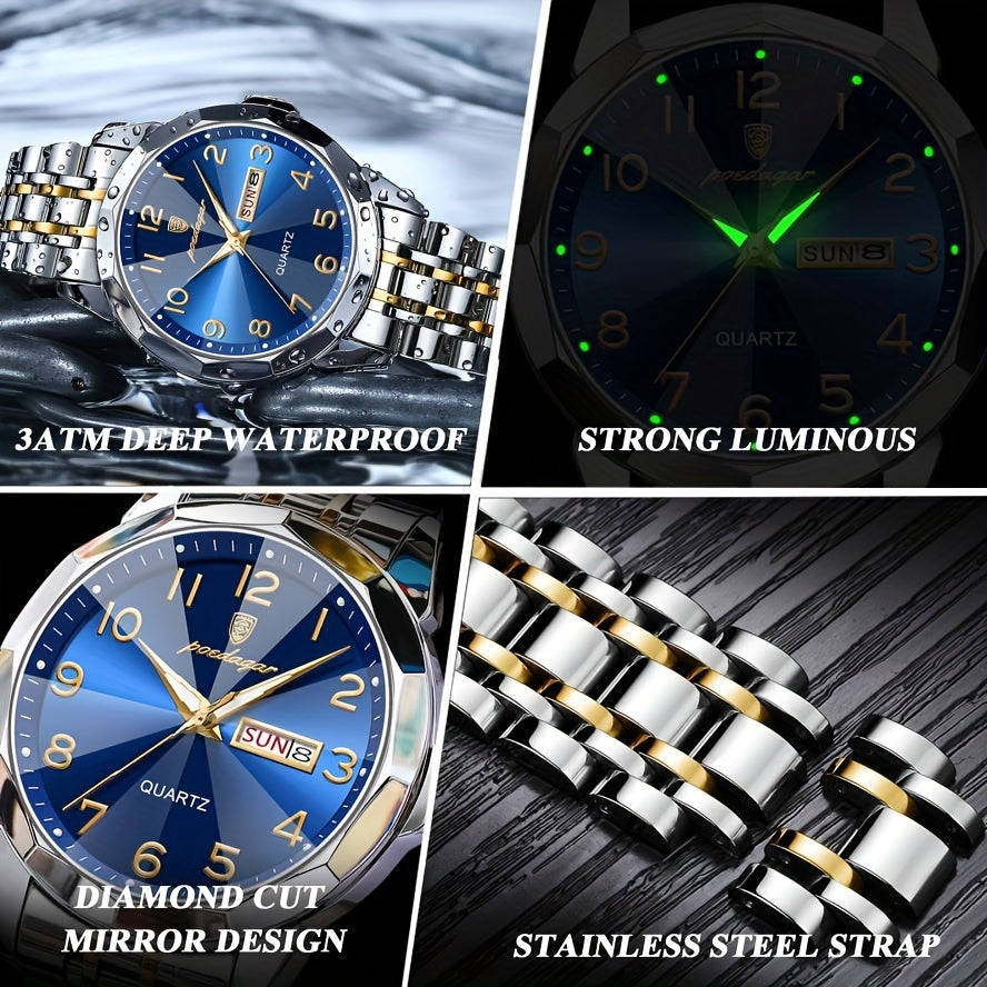 1pc BINBOND Men'S Fashion Watch, Luxury Dual Calendar Quartz Wristwatch, Business Style, Round Alloy Case, Stainless Steel Strap, Water-Resistant, Luminous Pointer Display, Battery Powered, Perfect for Valentine's, Christmas,