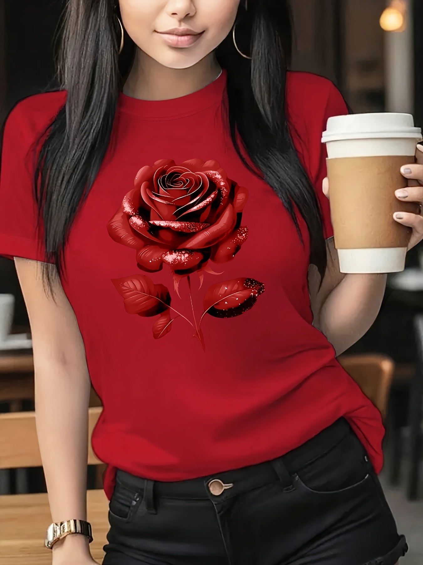 The Black Roseprint t-shirt, short sleeve crew neck casual top for summer & spring, Women's clothing gift