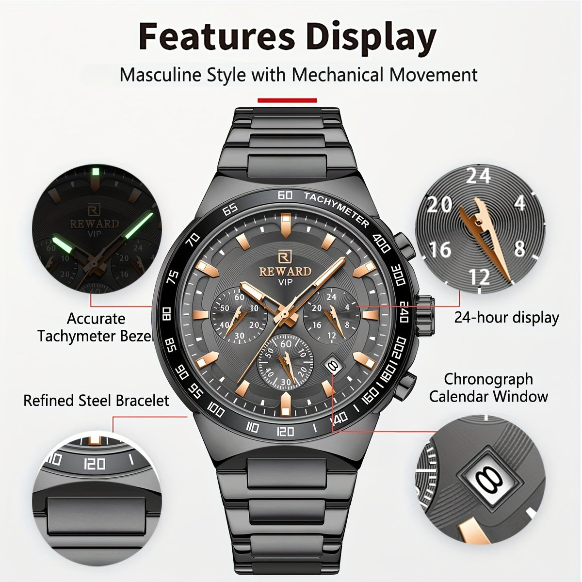Men's Chronograph Sports Watches with Light, Stainless Steel and Quartz VIP