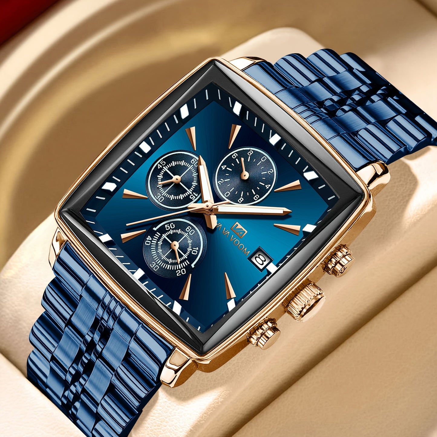 VA VA VOOM Brand New Arrival 1pc Fashionable Golden & Blue & Silveryy & Black Stainless Steel Strap, Oversized Square Dial, Multifunctional Six Needle Three Eyes, with Calendar Window, Luminous Function, High-Quality Fashiona