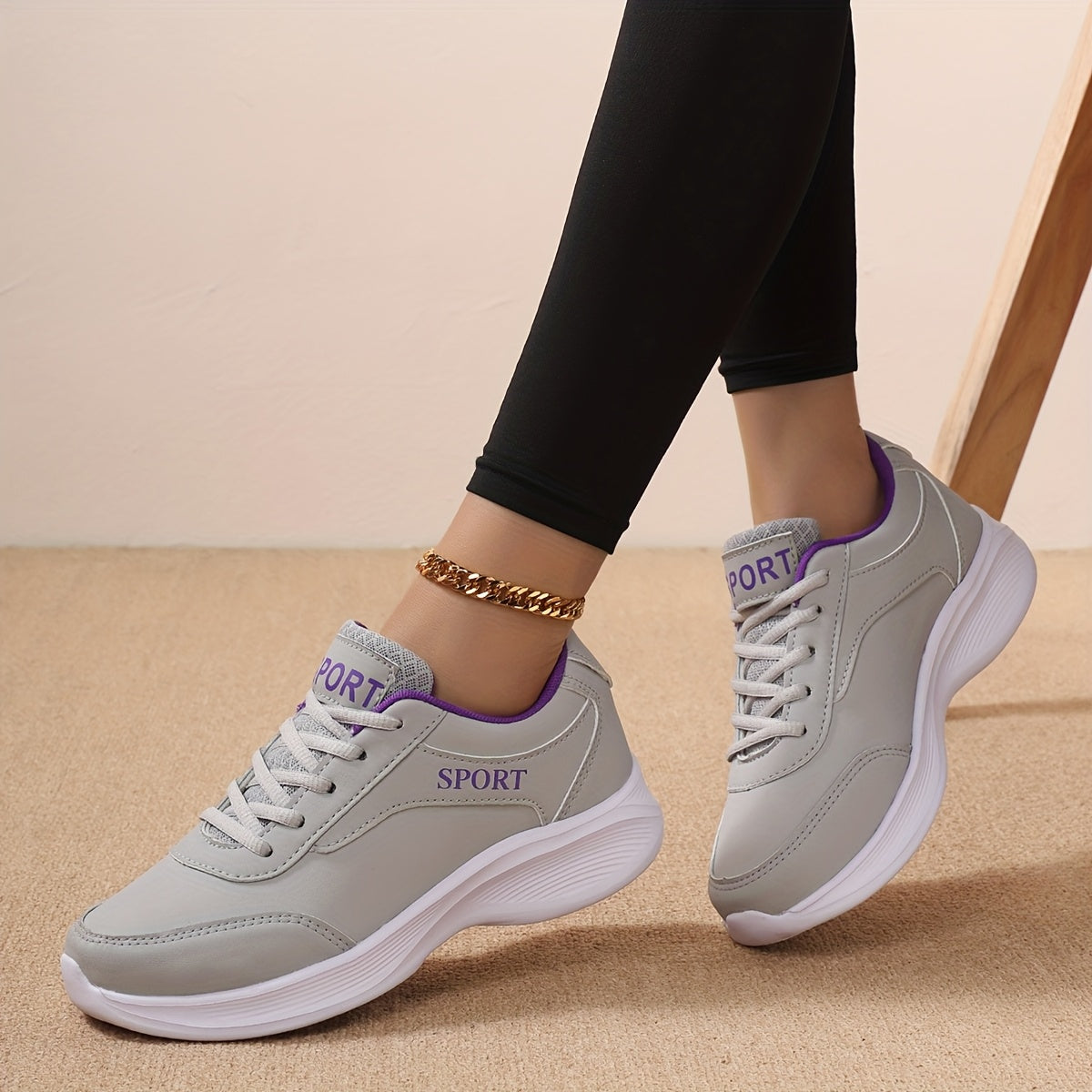 Women's Lightweight Casual Sneakers - Breathable Synthetic Synthetic Leather & Fabric Upper, Cushioned EVA/MD Sole, All-Season Lace-Up Walking Shoes for Work, Travel, Casual Attire - White with Purple Accents, Stylish Athleti