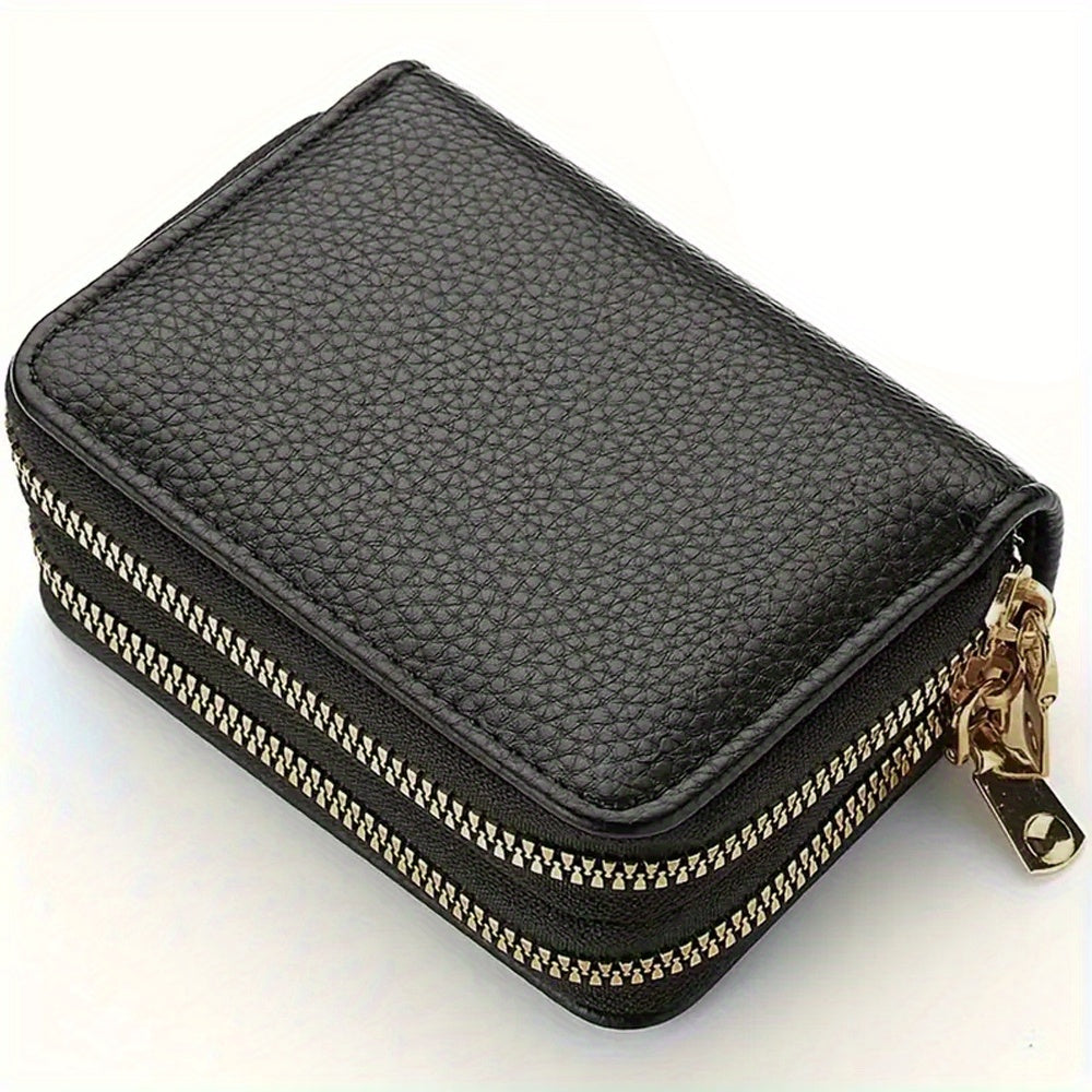 Fashion Double Zipper Wallet, Litchi Pattern Double Layer Short Credit Card Document Bag, Versatile Multicolor Coin Purse