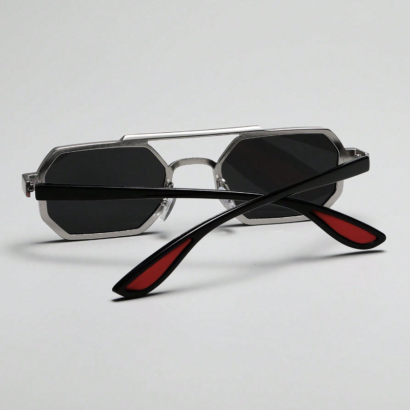 Unisex Geometric Metal Frame Fashion Glasses - Double Beam Design Decorative Eyewear for Everyday Casual Wear, Lightweight & Durable, Black Lenses, Stylish Accessory