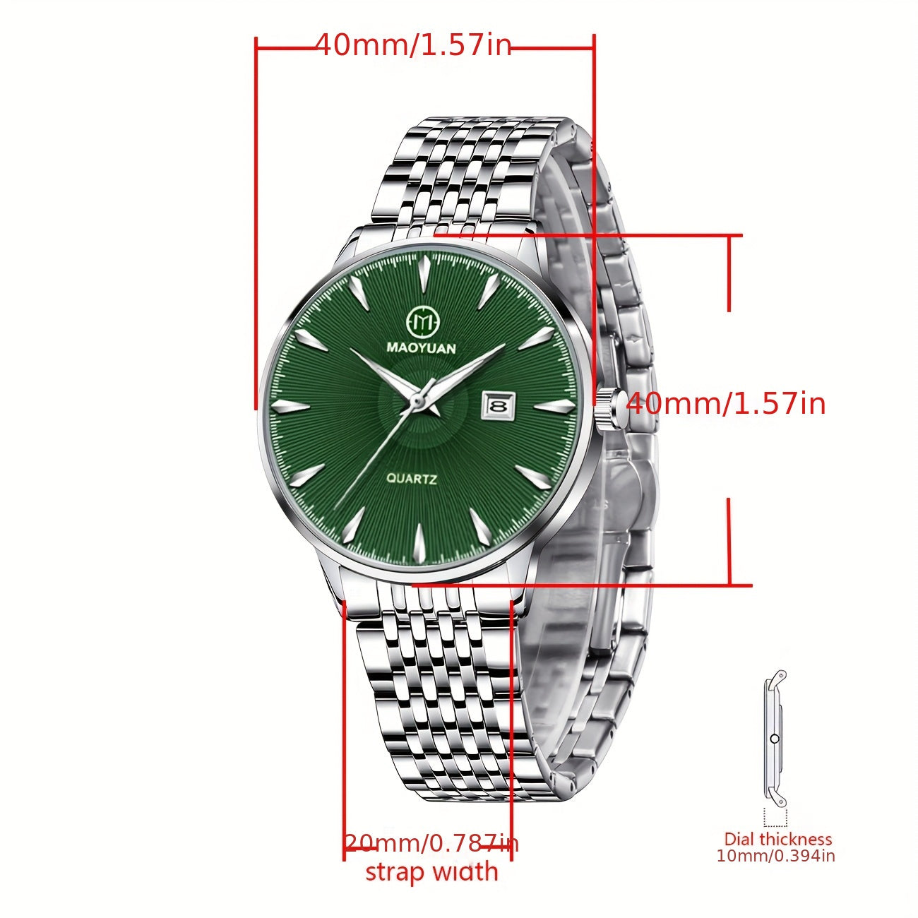 MAOYUAN Men'S Luxury Stainless Steel Quartz Watch with Date Display and Luminescent Hands - Elegant Green Dial, Metal Bracelet, Perfect for Business and Casual Attire, Ideal Gift for Men, Casual Watch | Elegant Watch | Quartz