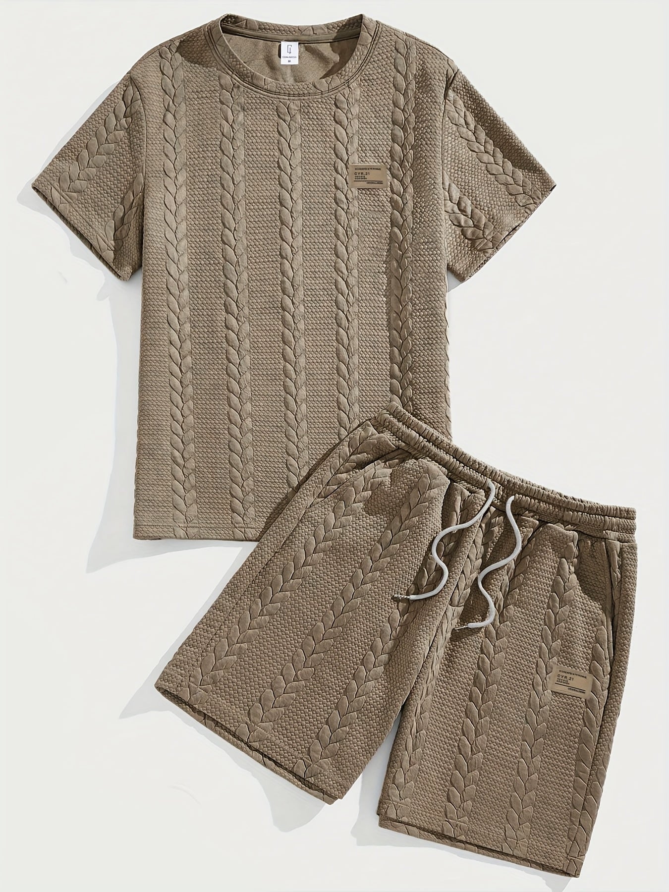 Casual Crew Neck Short Sleeve T-Shirt & Drawstring Shorts - Brown, Summer Outfit