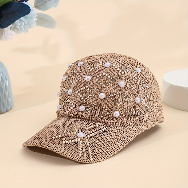 Women'S Adjustable Four-Leaf Clover Faux Pearl Baseball Cap - Breathable Mesh Summer Hat with Snap Closure, Stylish Black Design for Spring/Summer, Summer Headwear | Fashionable Headwear | Mesh Fabric Ca