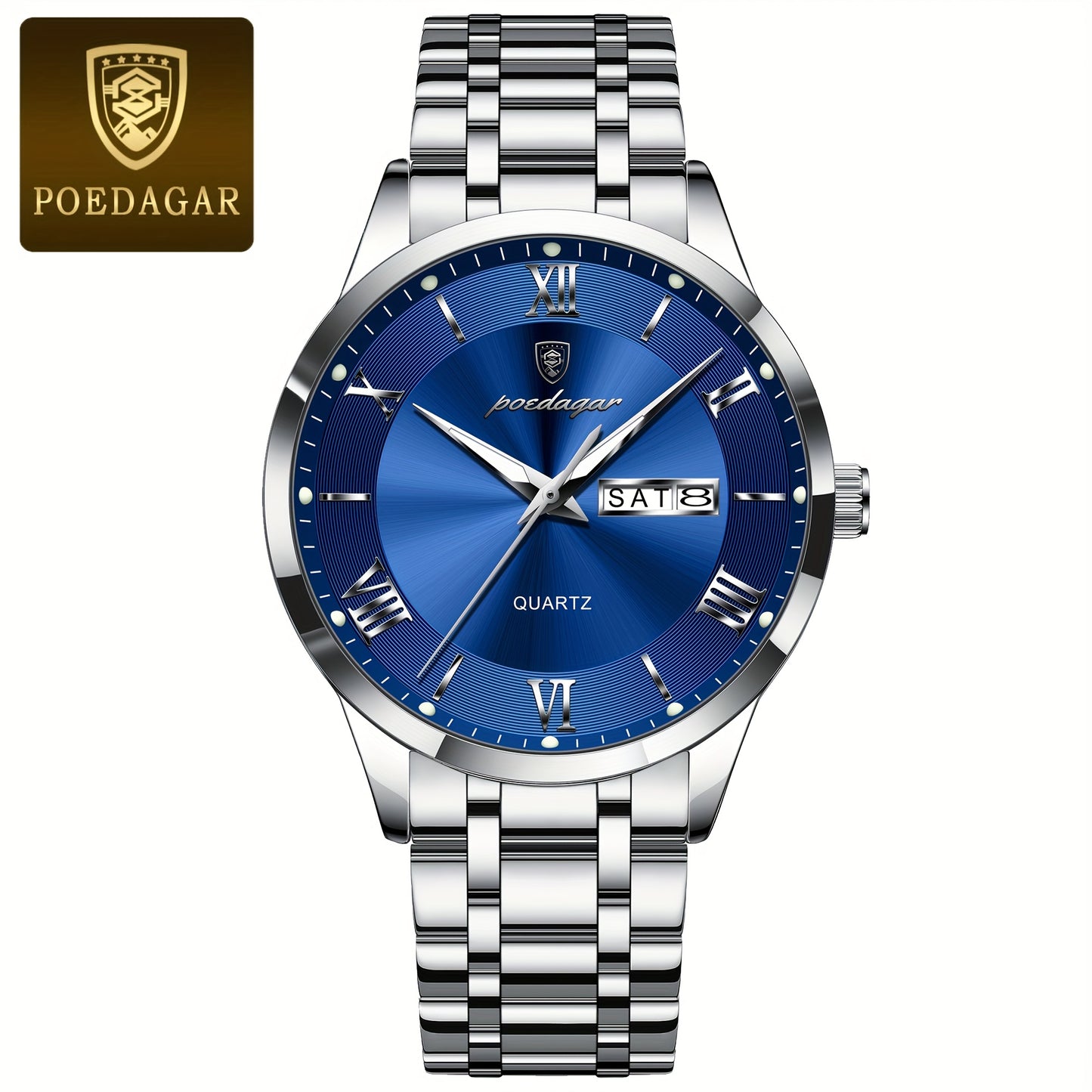 POEDAGAR Men'S Quartz Watch, Sports Style, Waterproof 3ATM, Luminous Calendar, Stainless Steel Strap, Pointer Display, Alloy Case, Electronic Drive, Non-Rechargeable Button Battery, with Spring Festival and Football Holiday T