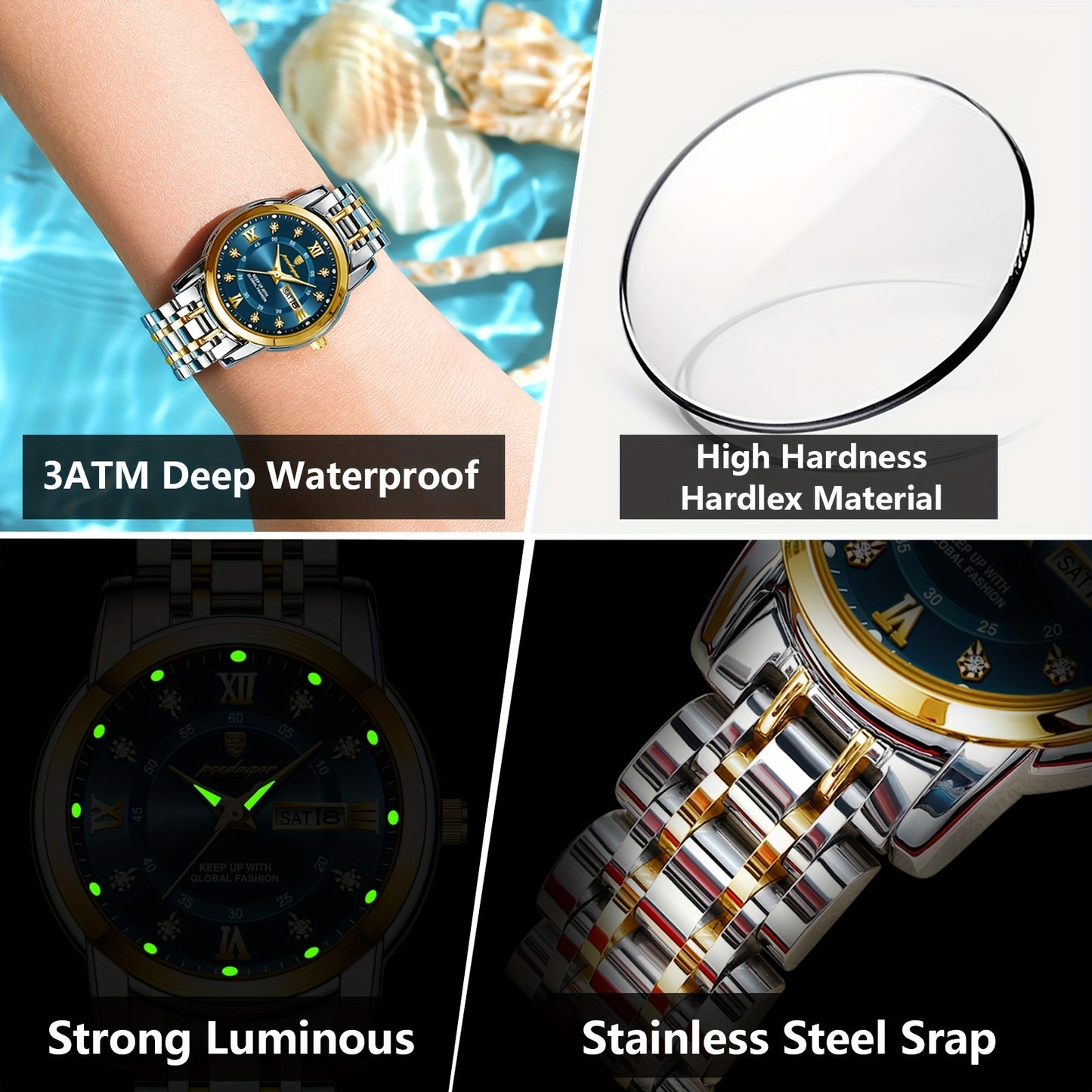POEDAGAR Elegant Stainless Steel Quartz Watch for Women, Luminous Calendar, Round Alloy Case, Trendy Korean Style, Non-Rechargeable Battery, Watch Accessories