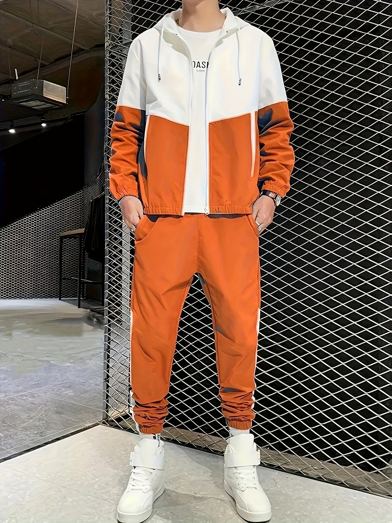 Men's Casual Athletic Hoodie and Pants Set - Color Block Design, Polyester, Machine Washable, Spring/Fall Sportswear, Blue & White Two-Piece Outfit, Everyday Activewear|Modern Athletic Look|Polyester Sportswear