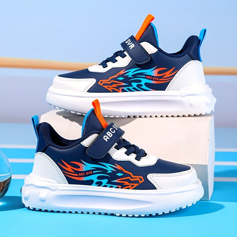 Boys' Athletic Sneakers for Fall/Winter 2024 - Stylish Flame Design, Durable & Comfortable with Hook-and-loop Fastener Strap, Low-Top, PU Upper, EVA Sole, Perfect for Running & School Activities