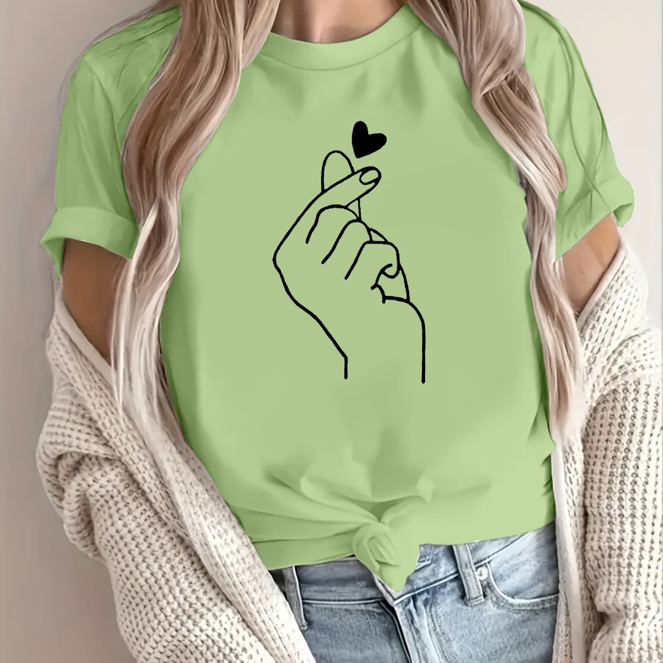 Finger Heart Print T-Shirt, Short Sleeve Crew Neck Casual Top For Summer & Spring, Women's Clothing