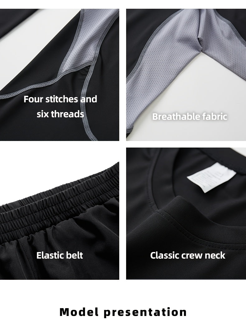 Men'S 3pcs Athletic Set, Breathable Mesh Long Sleeve Top, Skinny Fit Polyester & Spandex, Crew Neck, Solid Color, High Stretch, for Running, Basketball, Hiking, Training - Fall/Winter Sports Outfit
