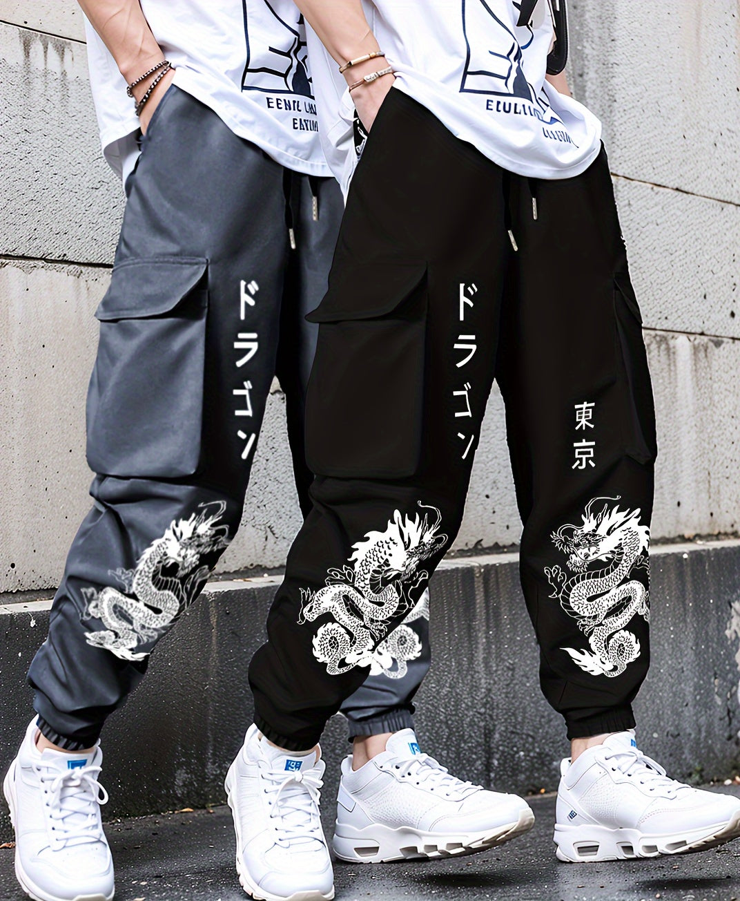 2pcs set Men's casual large pocket overalls elastic waist drawstring printed flower pants for spring and autumn season, for Autumn, Spring