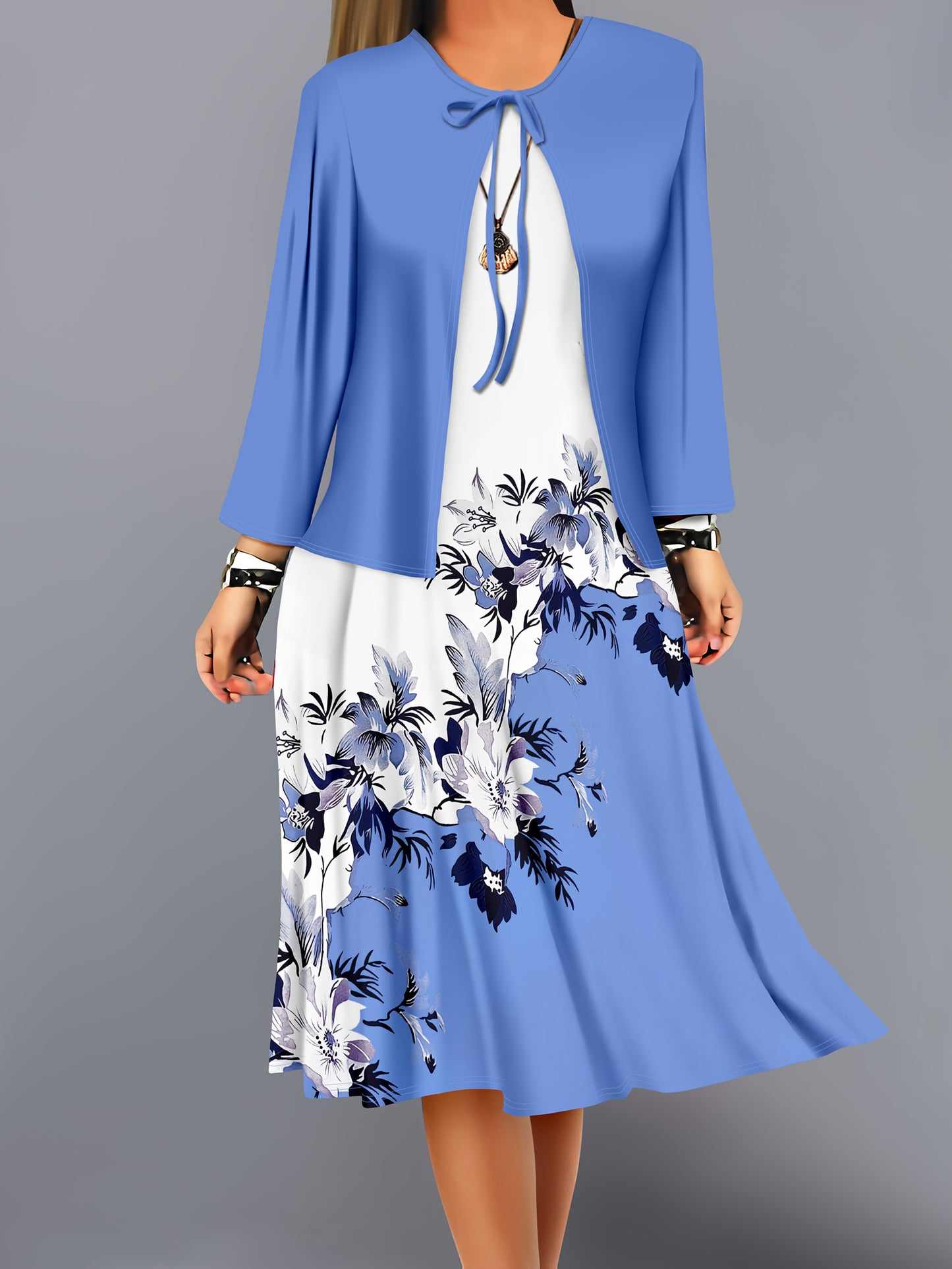 Fashion Women's solid color small cardigan and floral print patchwork dress two-piece set