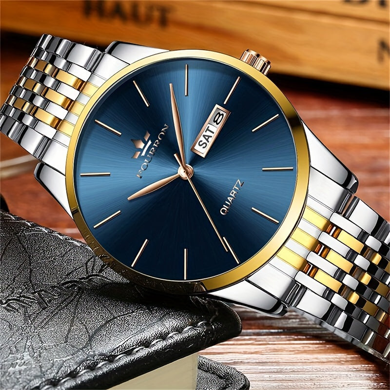 FOURRON Men's Luxury Stainless Steel Quartz Watch with Date & Calendar - Luminous, Fashionable Casual Design for Business, Travel & Casual Attire - Perfect Birthday Or Holiday Gift Valentine's Day
