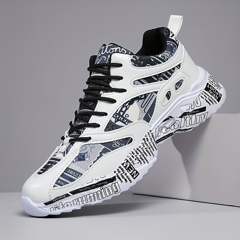 Men'S & Women'S Graffiti Couple Sneakers, All-Season Lightweight Cushioned Running Shoes, Stability Pronation, Cartoon Pattern, MD Sole, EVA Insole, Polyurethane Upper, Fabric Lining