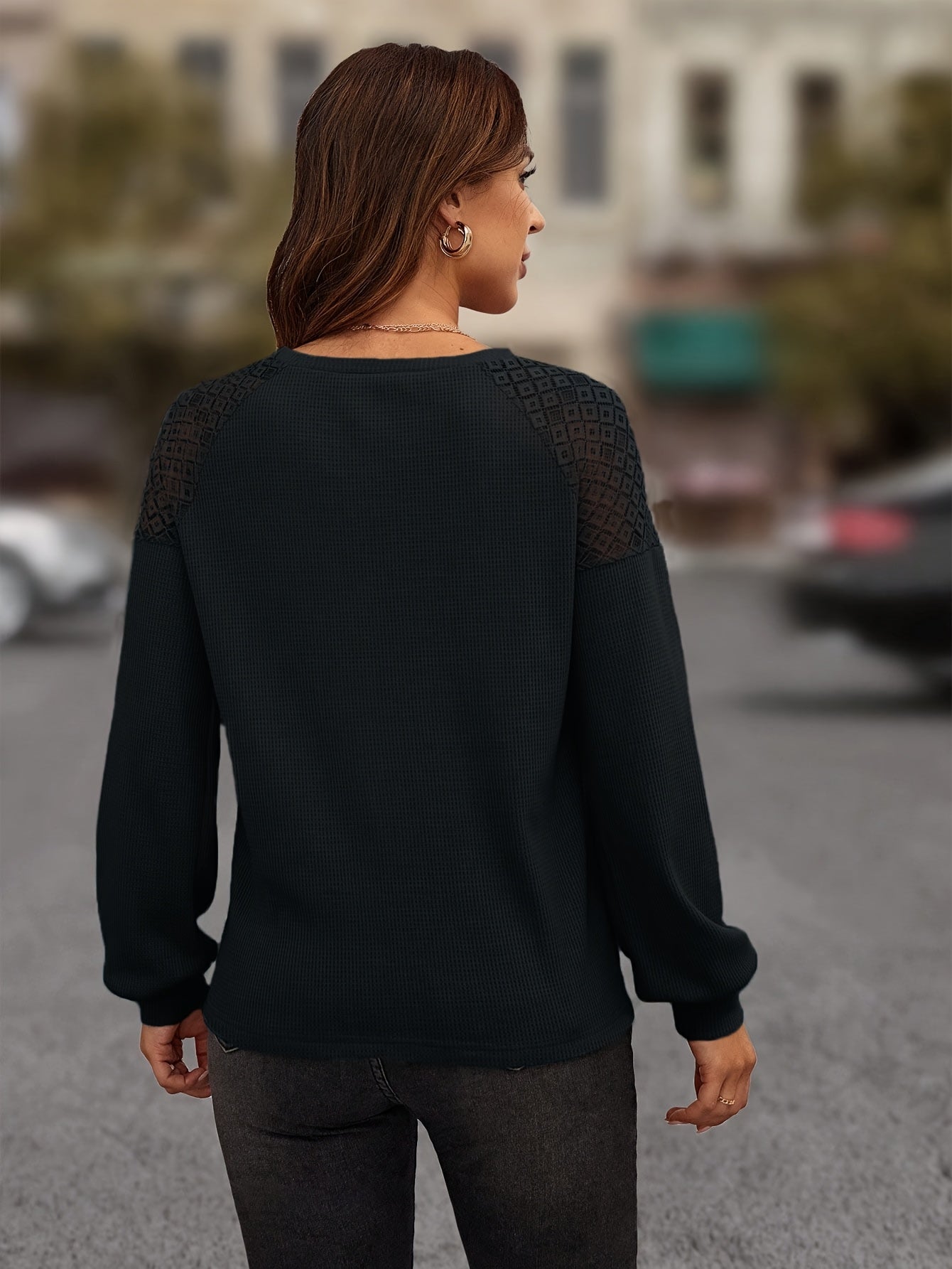 Contrast Lace Crew Neck T-Shirt, Casual Long Sleeve Top For Spring & Fall, Women's Clothing