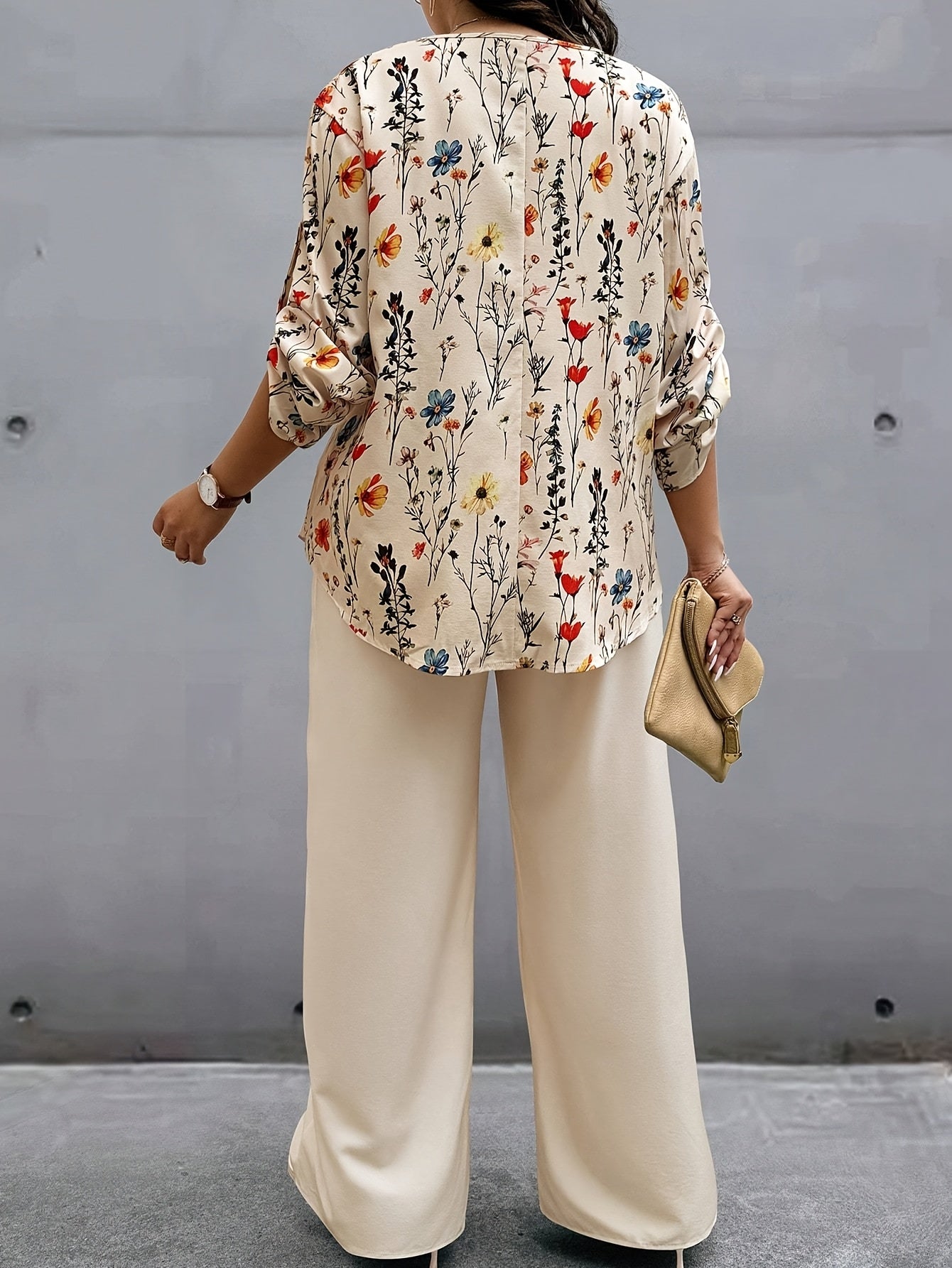 Plus Size, Oriented - Plus Size Women's Vacation Style Floral Shirt and Pants Set