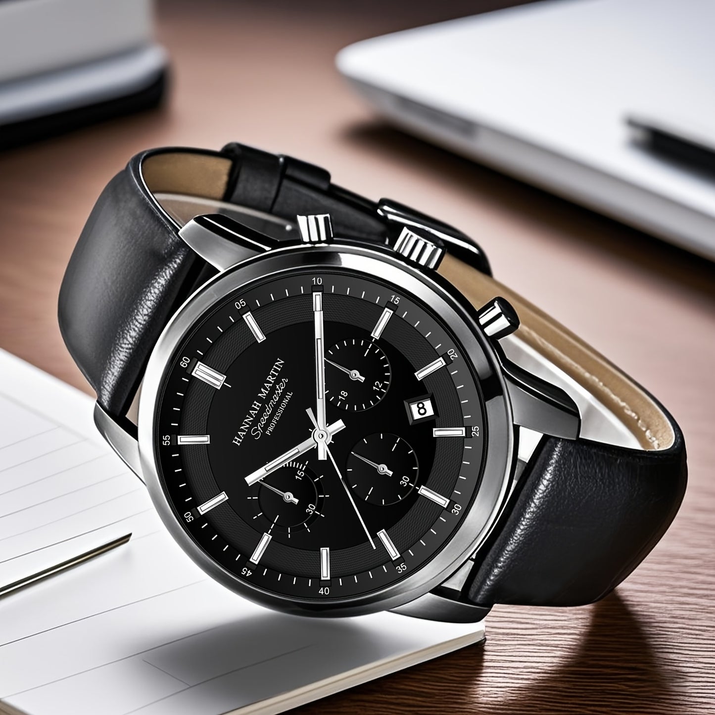 HANNAH MARTIN Men's 2025 Business Chronograph Watch - Black Arabic Numeral & Bar Markers, Date/Second Time Zone, Quartz Movement, Faux Leather Strap, High Quality 30m, Casual & Formal Watch for Casual Attire, Versatile Timepi
