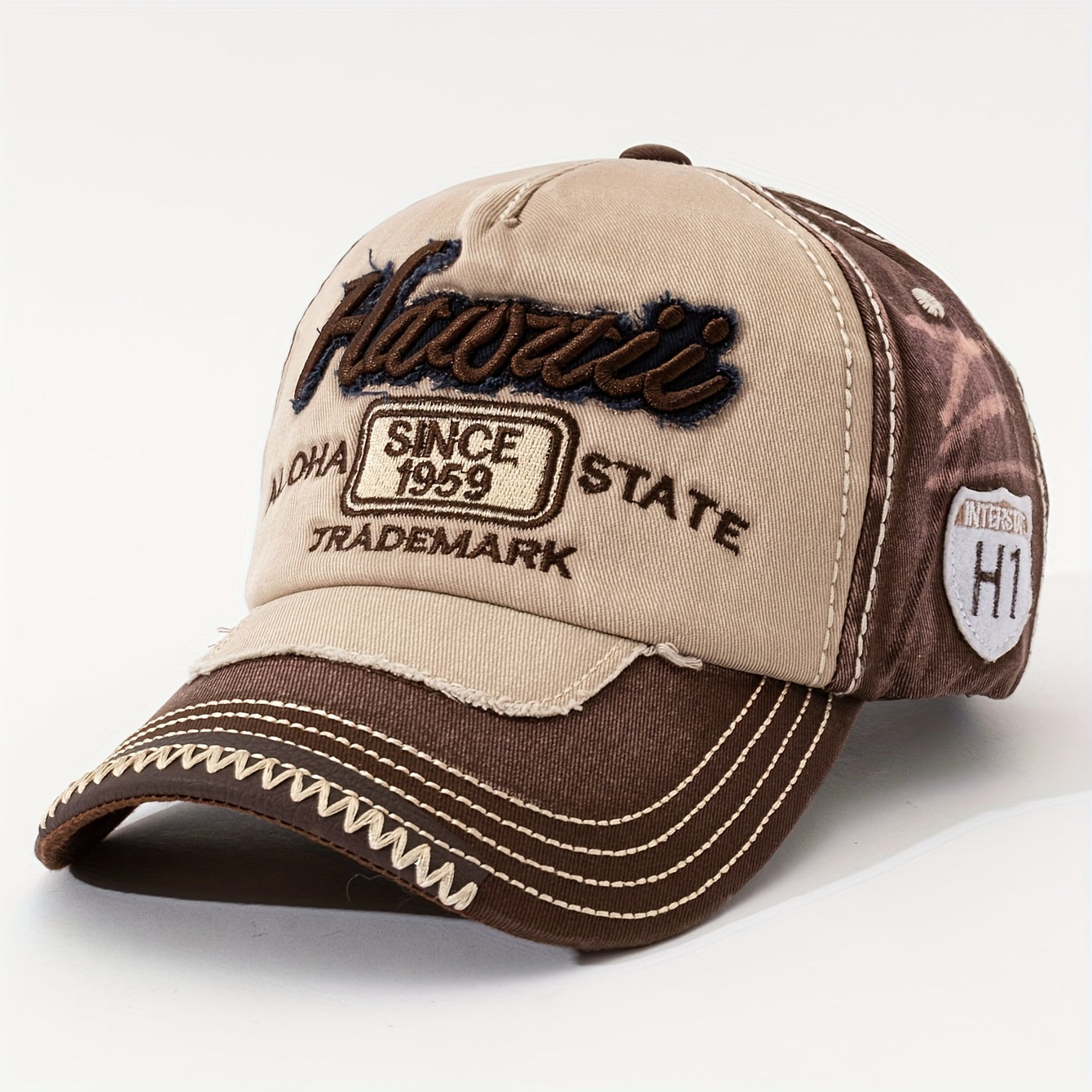 HAWAII Vintage Distressed Baseball Cap - Adjustable Lightweight Unisex Hat with 3D Embroidered Aloha Text, Dual-Tone Beige & Brown, Breathable Design for Men & Women, Daily Use & Vacation, Hawaiian Accessories, Casual Headwea