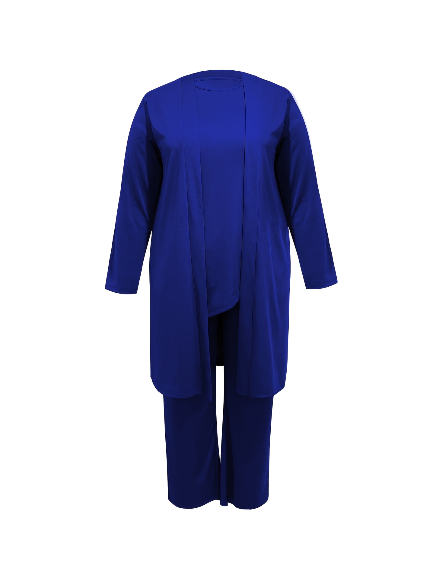Plus Size - Spring and Autumn Women'S Simple Casual Solid Color Jacket Top Cardigan + Round Neck Sleeveless Vest + Elastic Waist Drape Pocket Straight Pants Three-Piece Set Commuting Suit