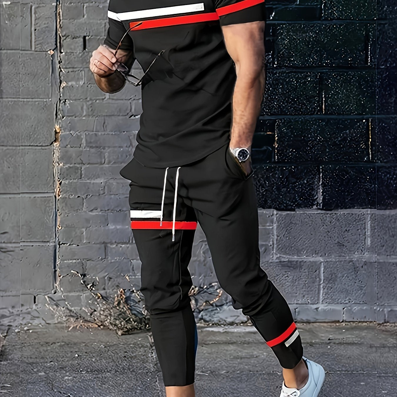 Men's Summer Athletic Short Sleeve Tops & Long Pants Set - Striped Polyester Blend Streetwear Outfit