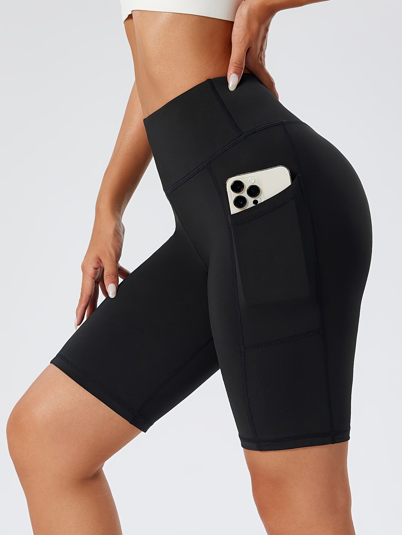 Women's High-Waist Black Yoga Shorts with Pockets - Tummy Control, Stretchy Running & Workout Leggings, Durable Polyester/Spandex Blend, Sleek Design