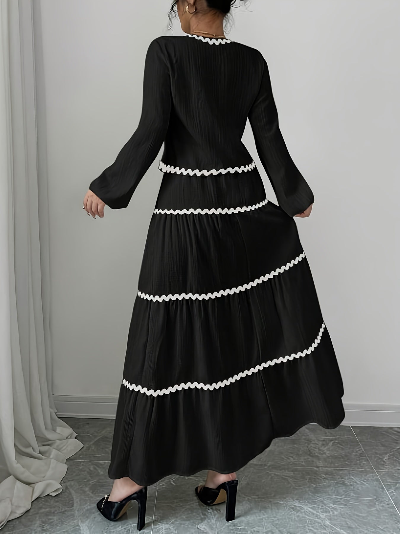 Women'S New Arrival Black and White Ruffled Lace Trim Long Sleeve Shirt with Tie Waist Umbrella Skirt Set, Stylish Elegant Vacation Commute Daily Wear Date Party Two-Piece Outfit Suitable for All Seasons
