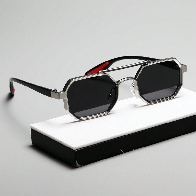 Unisex Geometric Metal Frame Fashion Glasses - Double Beam Design Decorative Eyewear for Everyday Casual Wear, Lightweight & Durable, Black Lenses, Stylish Accessory