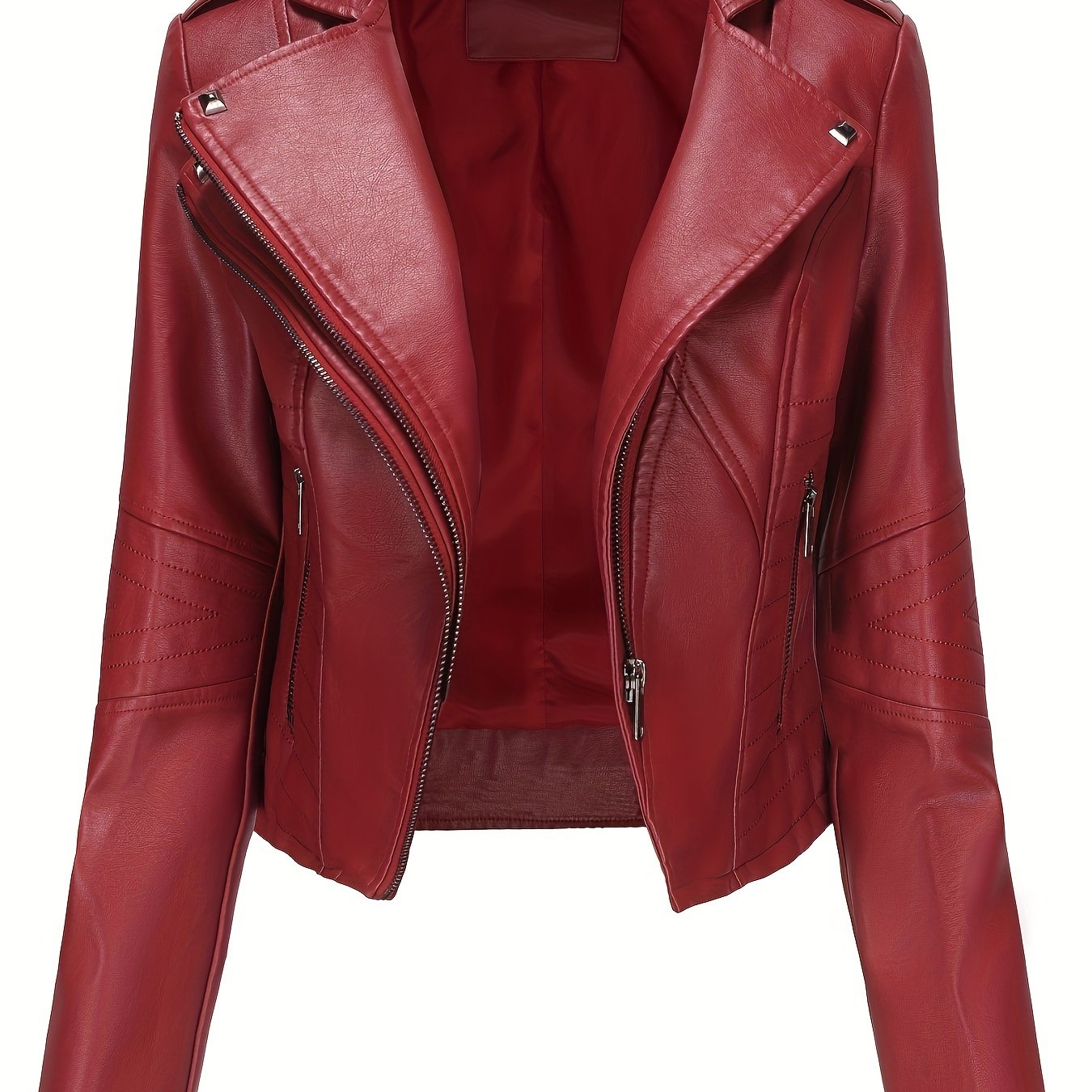 Women'S Casual Faux Leather Jacket, Solid Color, Long Sleeve, Regular Length, Fall/Winter, Zipper Placket, Woven, Non-Stretch Fabric, 100% Polyurethane, Lapel Collar, Dipped Hem Detail
