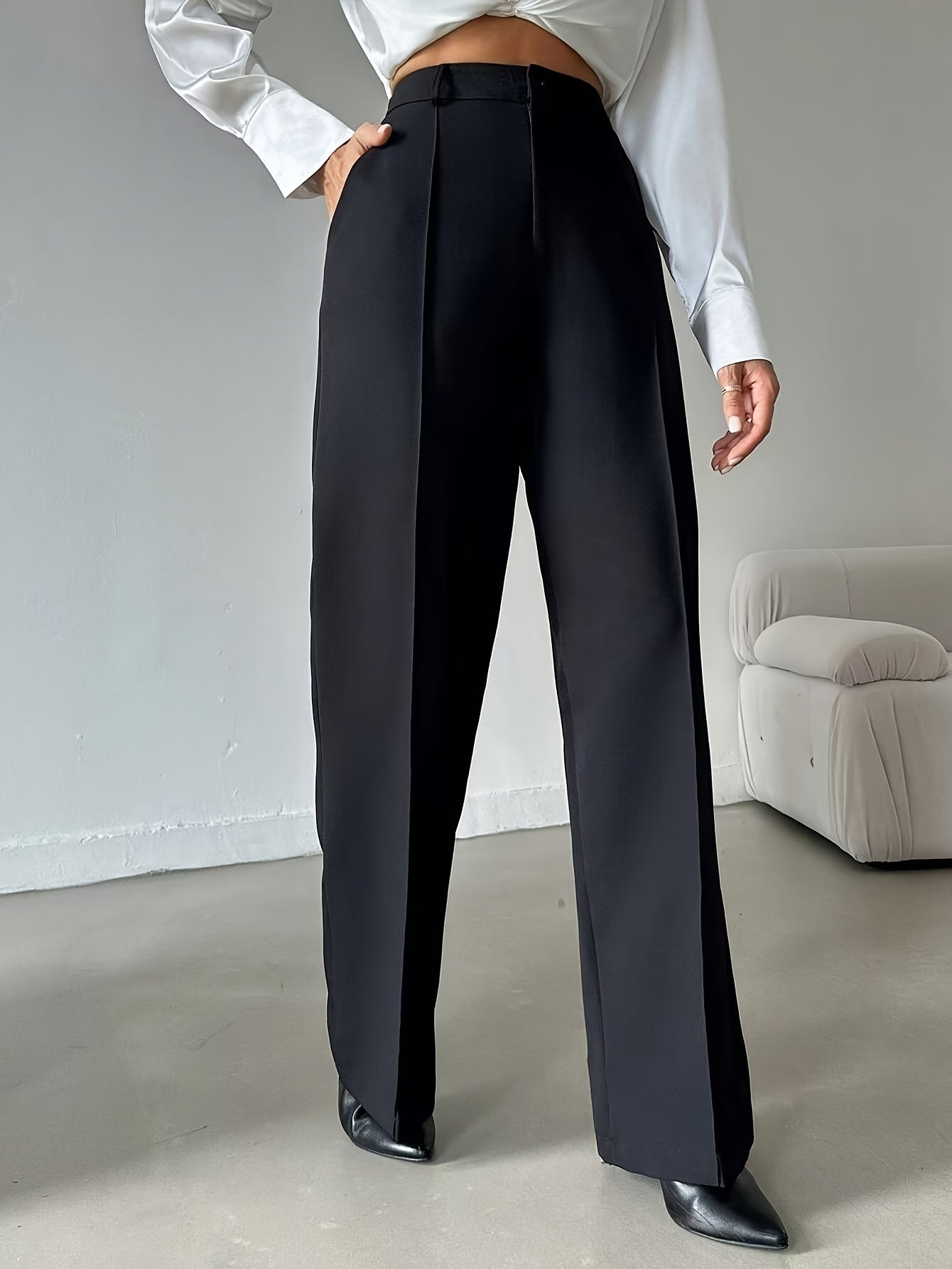 Ladies Elegant Solid Color Straight Leg Polyester Pants 99110643 with Pocket for Adult