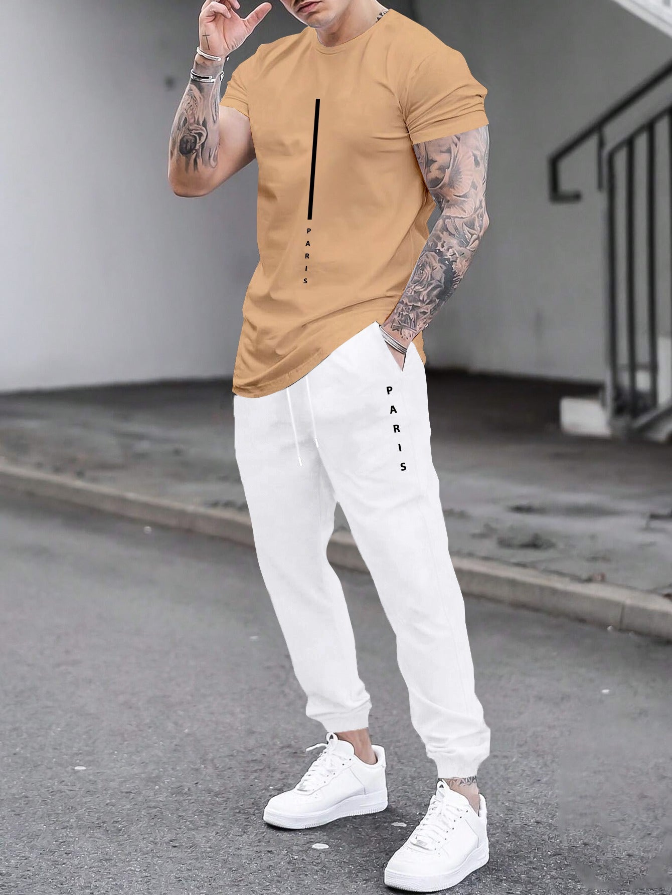 1set Men'S Casual Sportswear Set, Geometric Pattern Short Sleeve T-Shirt and Drawstring Joggers, Knitted Polyester and Elastane Blend, Round Neck, Regular Fit, Four Seasons Outfit