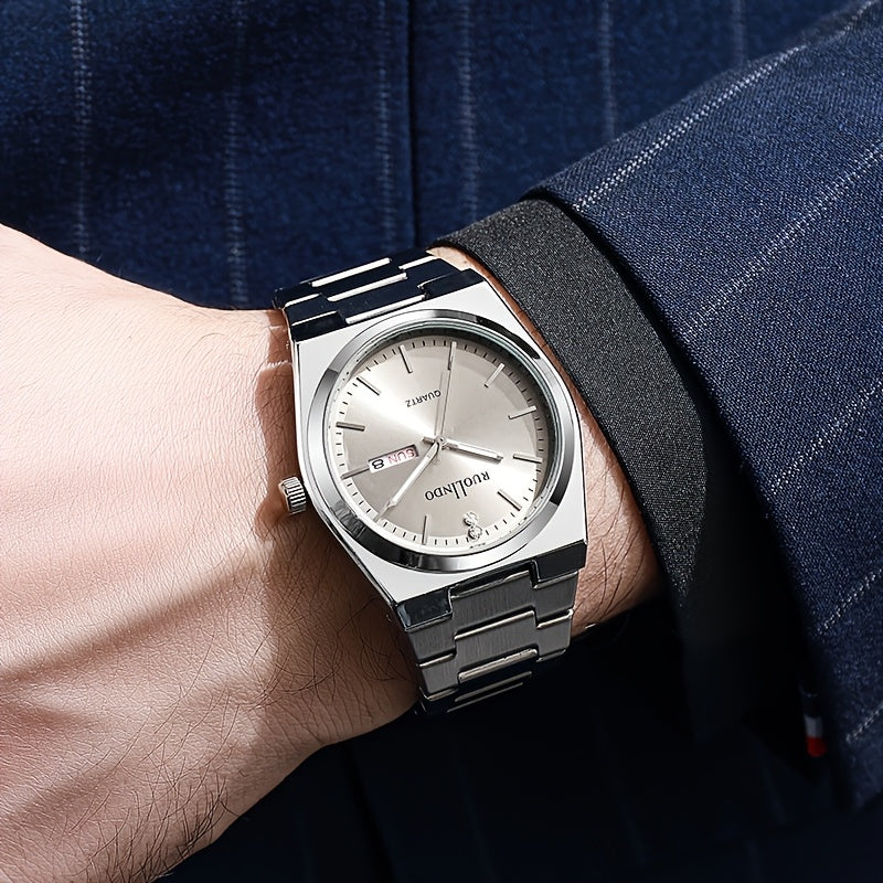 Business Casual Watch | Unisex Slim Quartz Watch | Stainless Steel Band | Date & Day Display | Durable Alloy Case | Elegant Pointer Design | Ideal for Office & Casual Wea