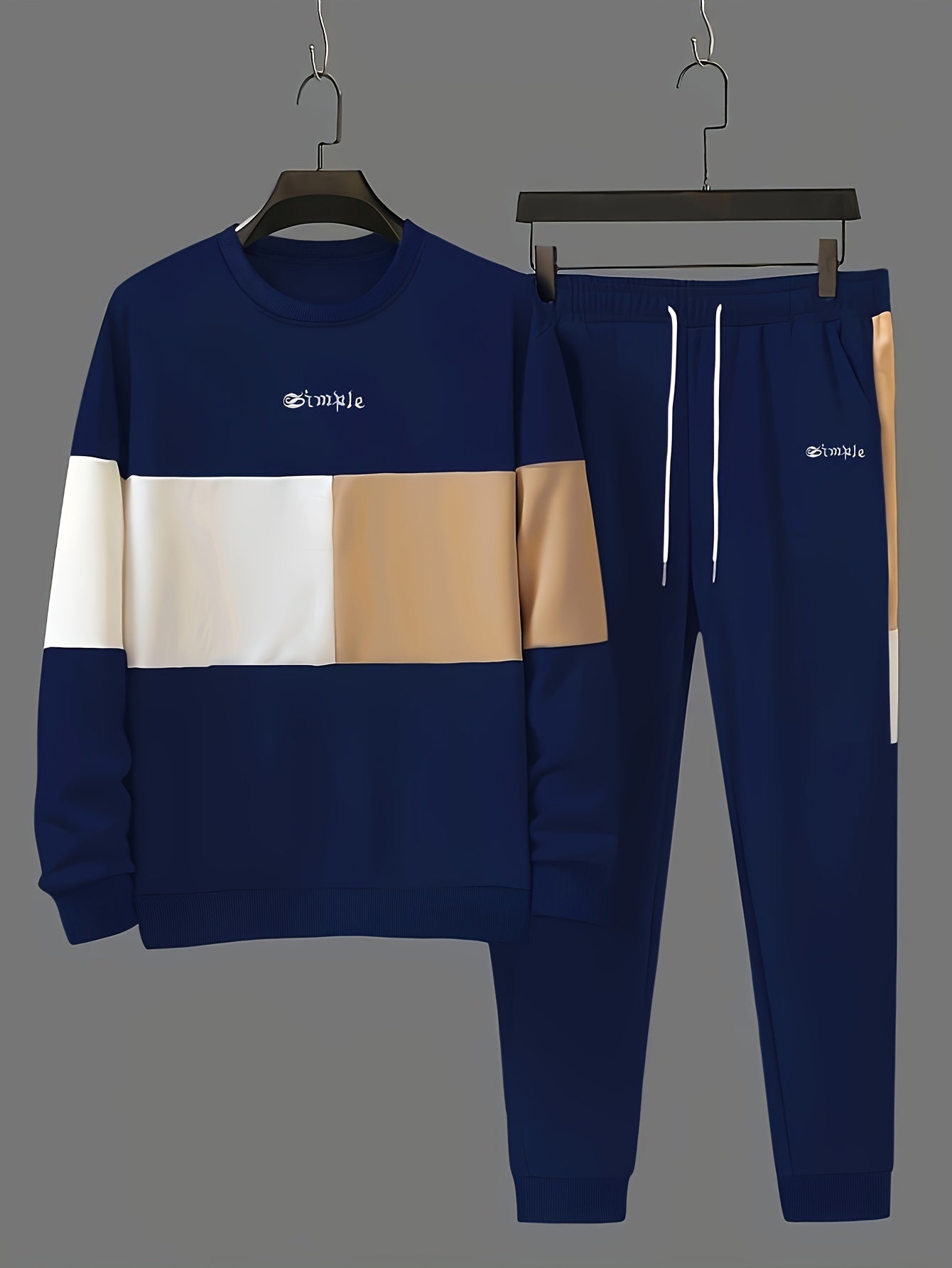 Men's Casual Crew Neck Sweatshirt & Joggers Set - Color Block, Polyester Blend, Machine Washable - Perfect for Spring/Fall, Leisure Style, Conventional Version, Spring/Autumn