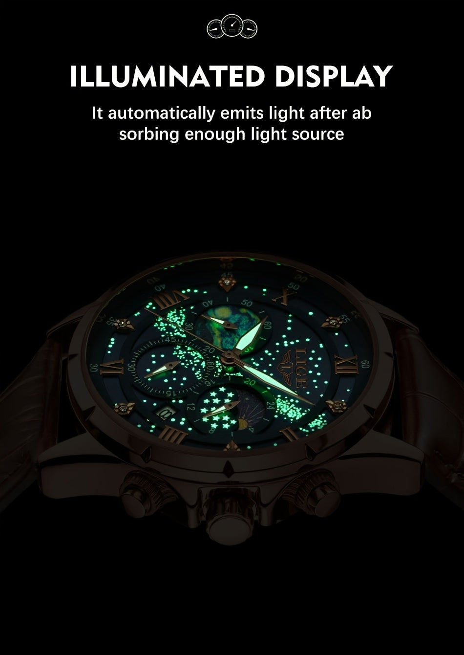 LIGE Luxury Quartz Chronograph Watch with Luminous Hands - Elegant Round Alloy Case, Blue Dial with Roman Numerals, Starry Night Design, Button Battery, Faux Leather Strap, Stylish Accessory|Starry Night Design|Luminous Hands