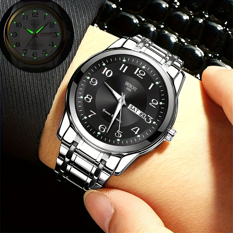 DEBLVE Men'S Fashionable Stainless Steel Watch with Luminous Numbers, Calendar & Week Display - Quartz Movement, Business Style, Ideal for Travel & Daily Use