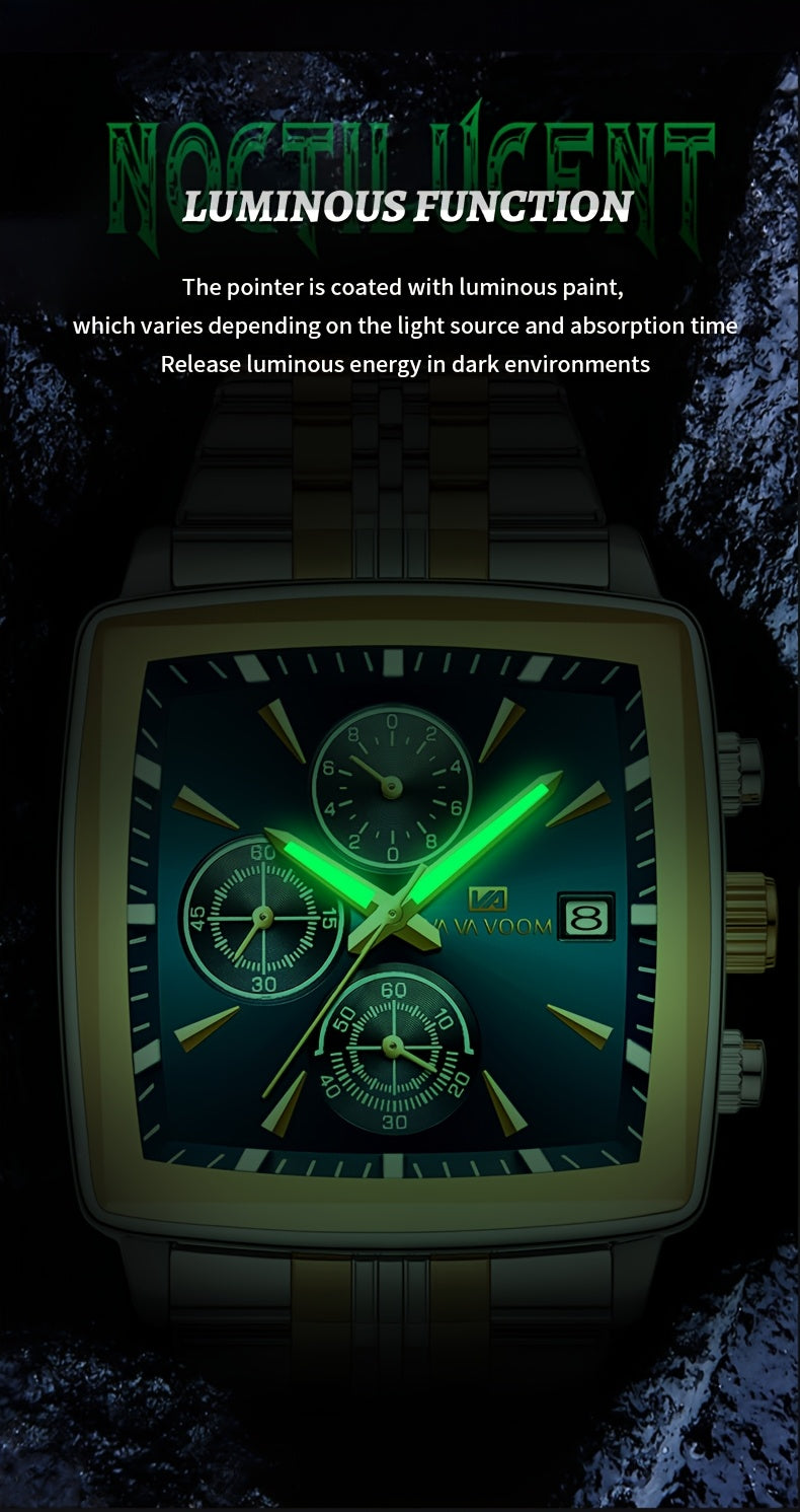 VA VA VOOM Brand New Arrival 1pc Fashionable Golden & Blue & Silveryy & Black Stainless Steel Strap, Oversized Square Dial, Multifunctional Six Needle Three Eyes, with Calendar Window, Luminous Function, High-Quality Fashiona