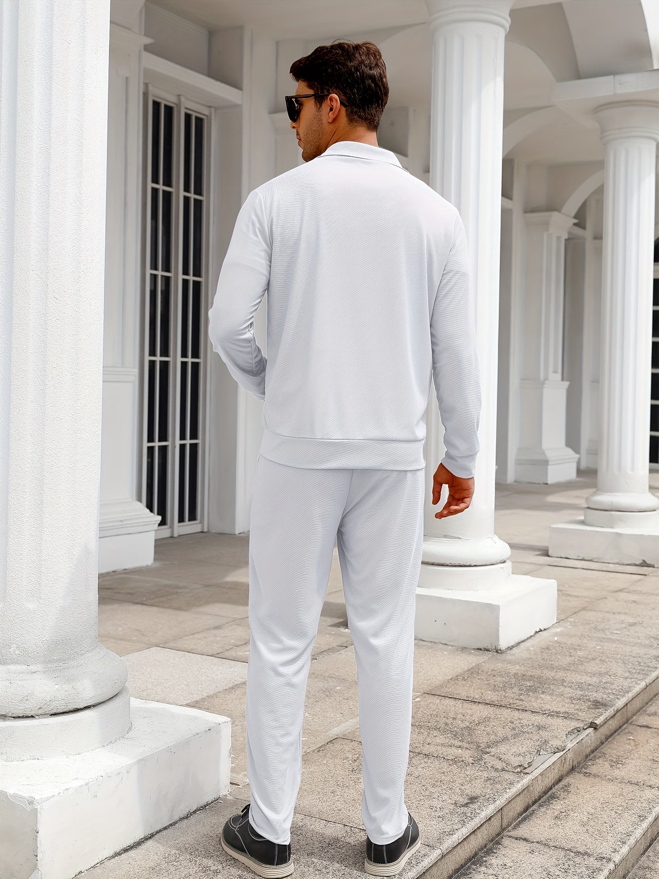 Men's Solid Waffle 2pcs Athletic Outfits, Zip-up Jacket & Pants co ord set for Outdoor Sports
