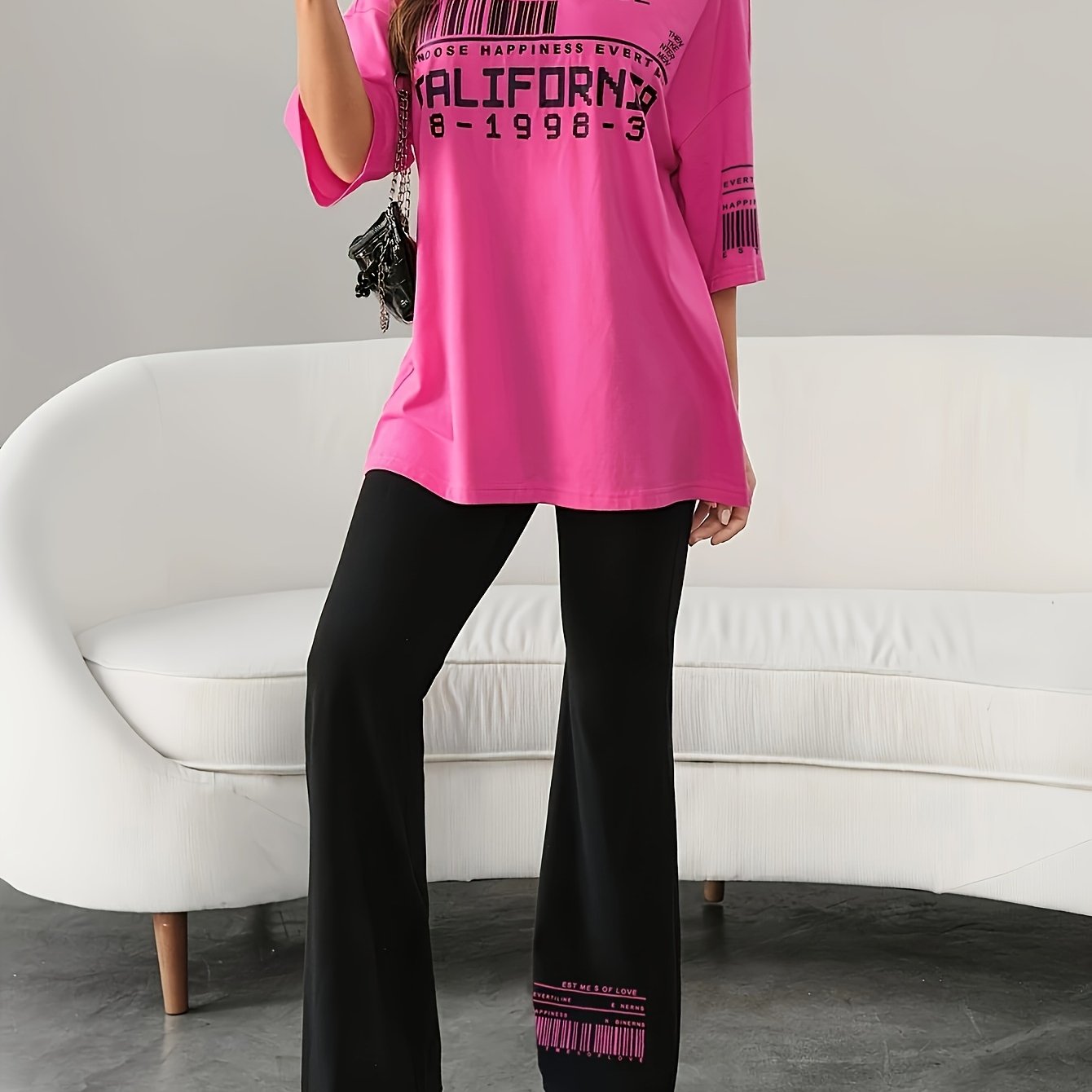 Women's Fashion Letter Print Round Neck Top and Pants Set