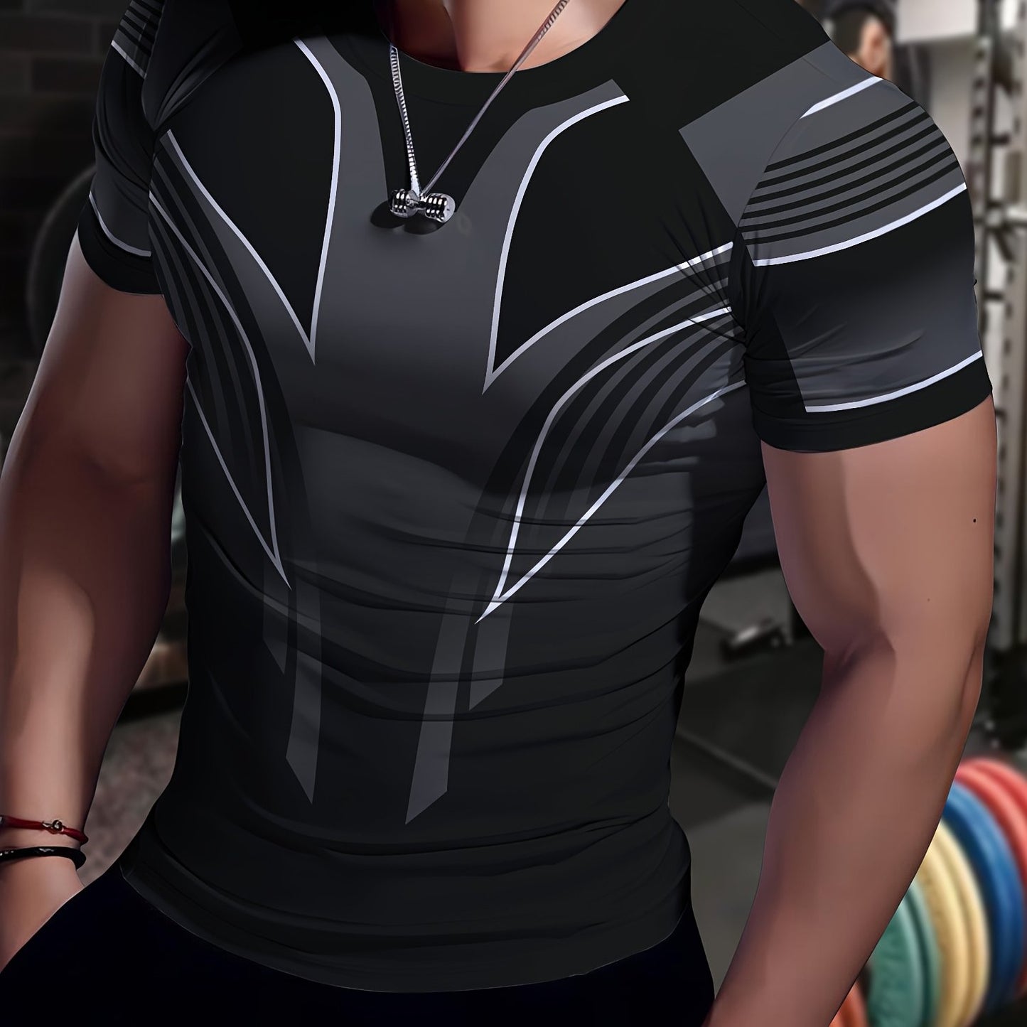 Men'S Slim Fit Breathable T-Shirt with Intricate Black & White Geometric Print - Moisture-Wicking Polyester-Spandex Blend, Machine Washable, Round Neck Short Sleeve for Summer Casual Wear, Gym, Hiking & Outdoor Activities