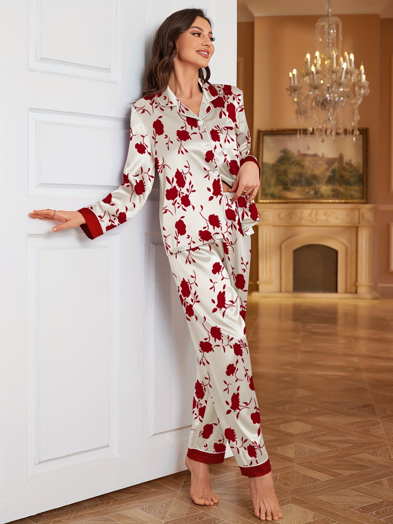 Elegant Satin Pajama Set for Women, Long Sleeve and Pants, Floral Print, Lapel Collar, All Season Basics, 90% Polyester 10% Elastane, Woven Fabric, Comfortable Sleepwear