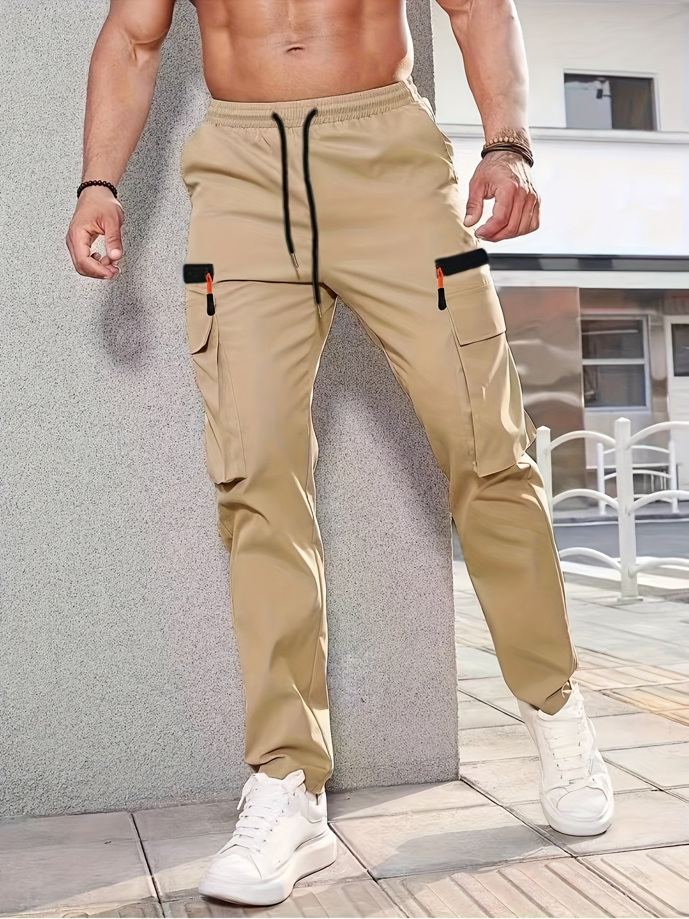 1pc Men'S Fashion Casual Cargo Pants, Solid Color Polyester Non-Stretch Fabric, All-Season Regular Fit with Multiple Pockets, Woven Straight-Leg Trousers for Sports and Leisure