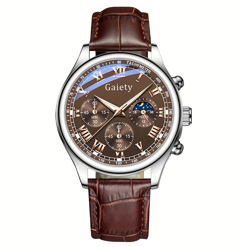 1pc GAIETY Men'S Luxury Quartz Watch with Matching Faux Leather Belt, Round Alloy Case, Non-Rechargeable Battery - Fashion Business Sport Watch Combo