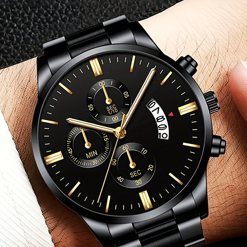 1pc Men's Stylish Black Stainless Steel Quartz Watch - Elegant Round Dial, Durable Analog Display, Perfect Gift for Valentine's Day, Birthday, Christmas, etc., Gift Watches | Elegant Wristwatches | Analog Watches