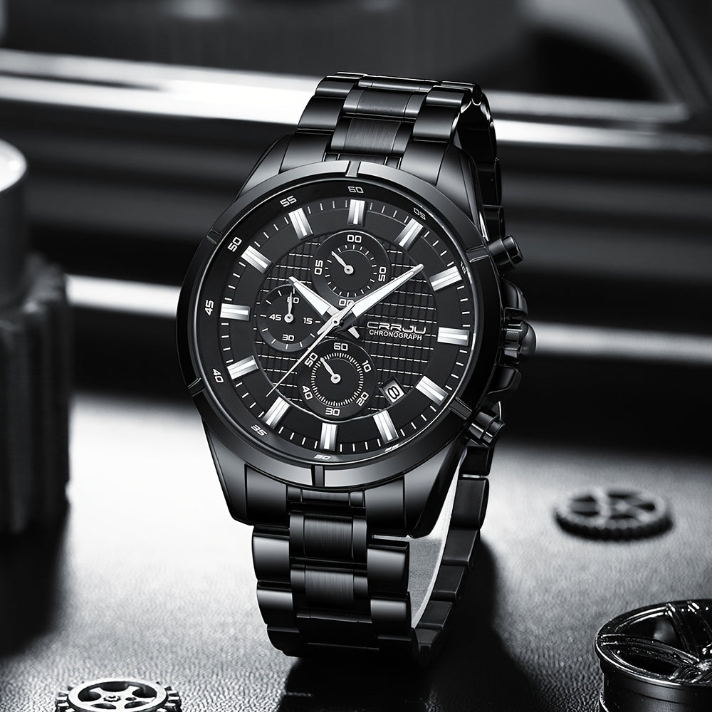 CRRJU Fashion Men's Watch, Business Solid Stainless Steel Multifunctional Chronograph Watch
