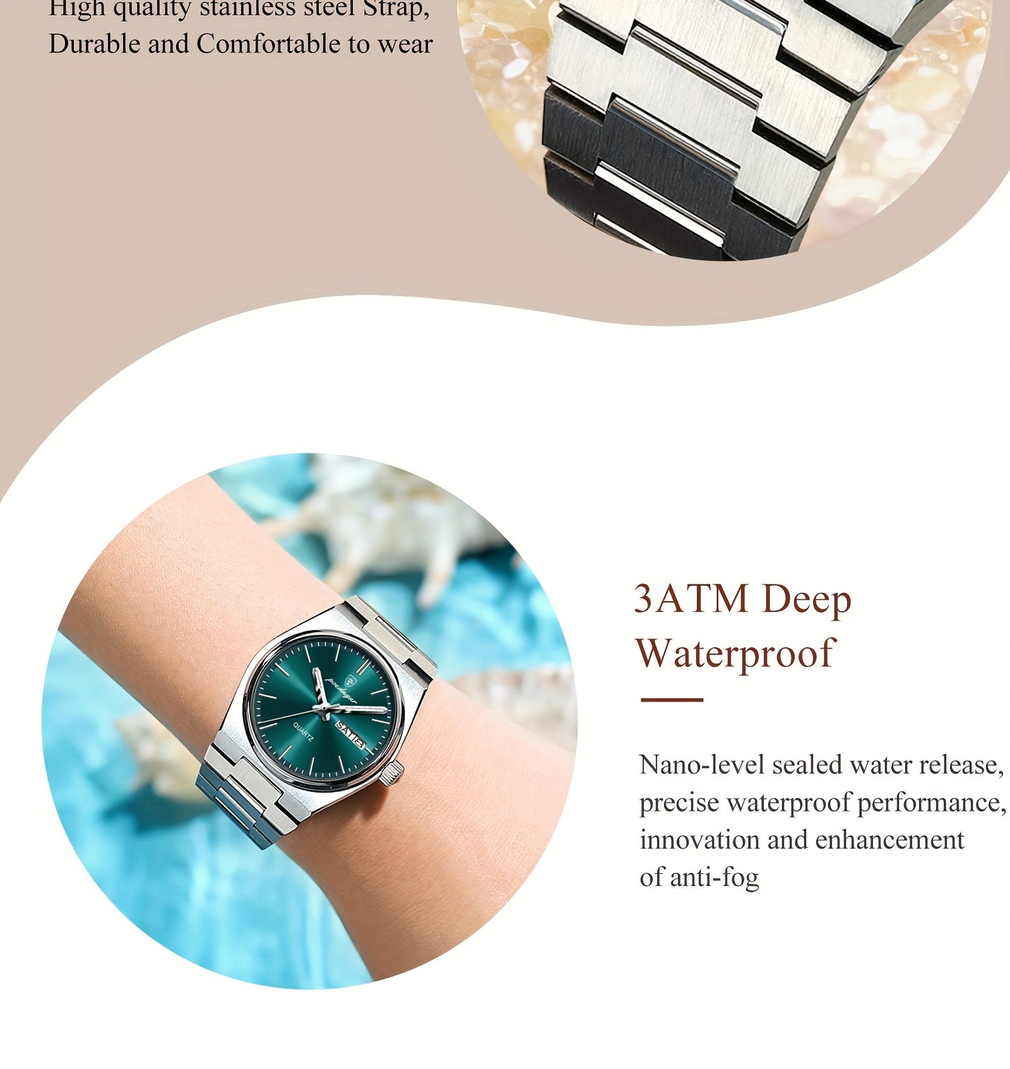 POEDAGAR Women's Elegant Green Luminous Calendar Watch - Waterproof Stainless Steel Ultra-Thin Quartz Wristwatch with Minimalist Design for Casual & Formal Wear, Casual Attire, Korean Fashion, Sleek Metallic Strap