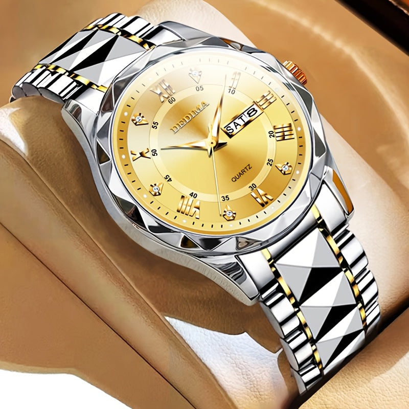Elegant Men's Stainless Steel Watch with Dual Calendar, Luminous Display & Rhinestone Accents - Perfect for Business or Casual Wear